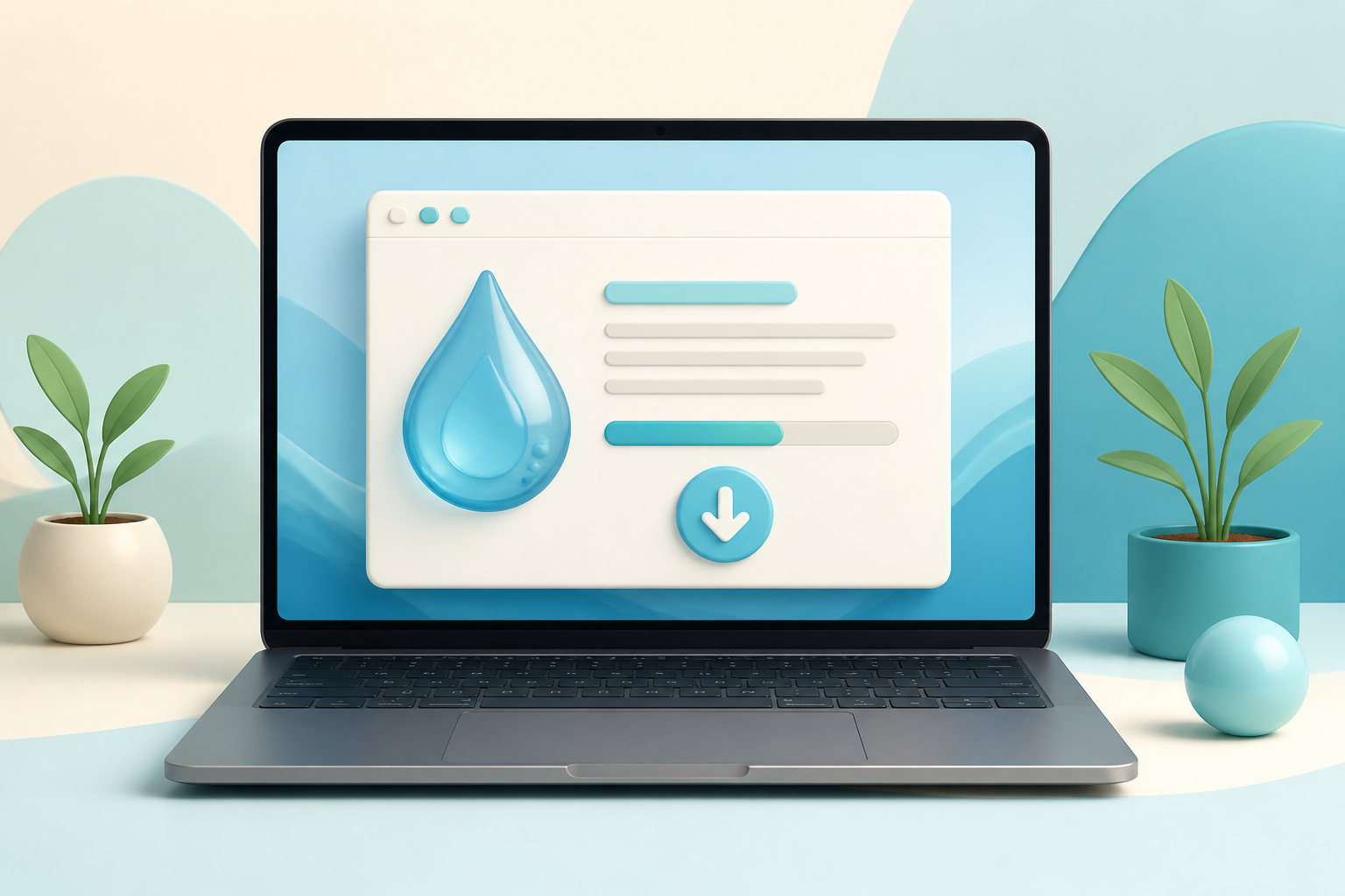 Ilustração de um notebook com o instalador do HidroLembrete e uma gota de água